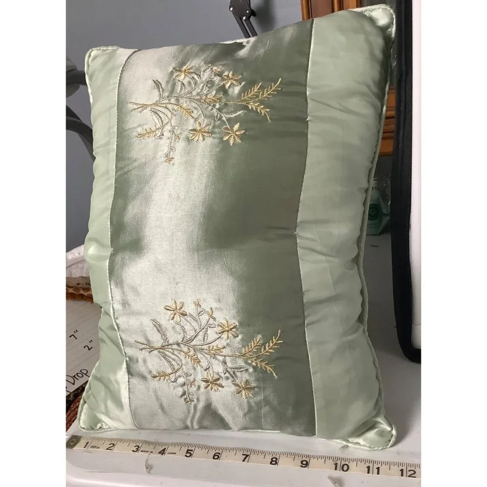 Vtg Satin Floral Embroidered Decorative Throw Pillow Light Green‎ 14